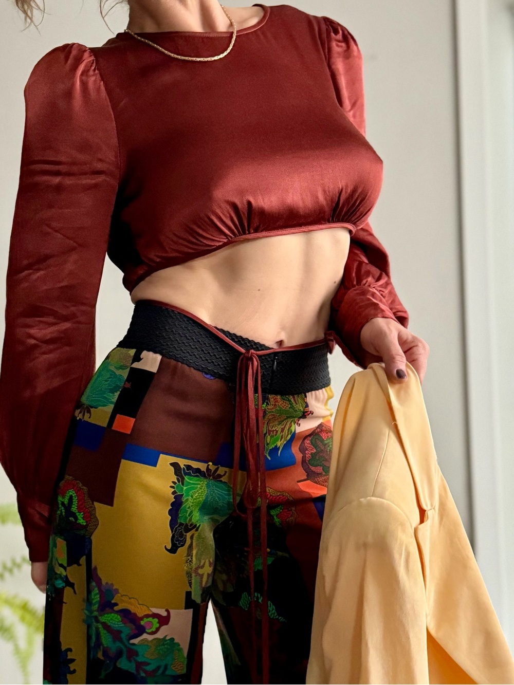 Satin Tie-Waist Crop Top in Burgundy